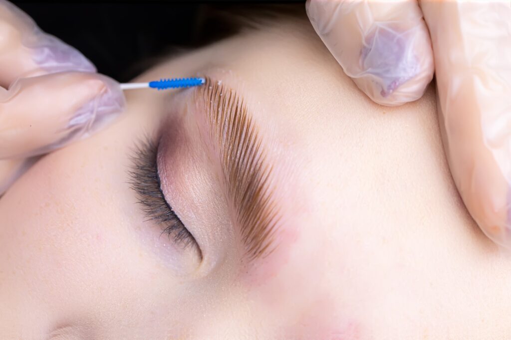 shaping and directing the growth of eyebrows with a brush after the eyebrow lamination procedure